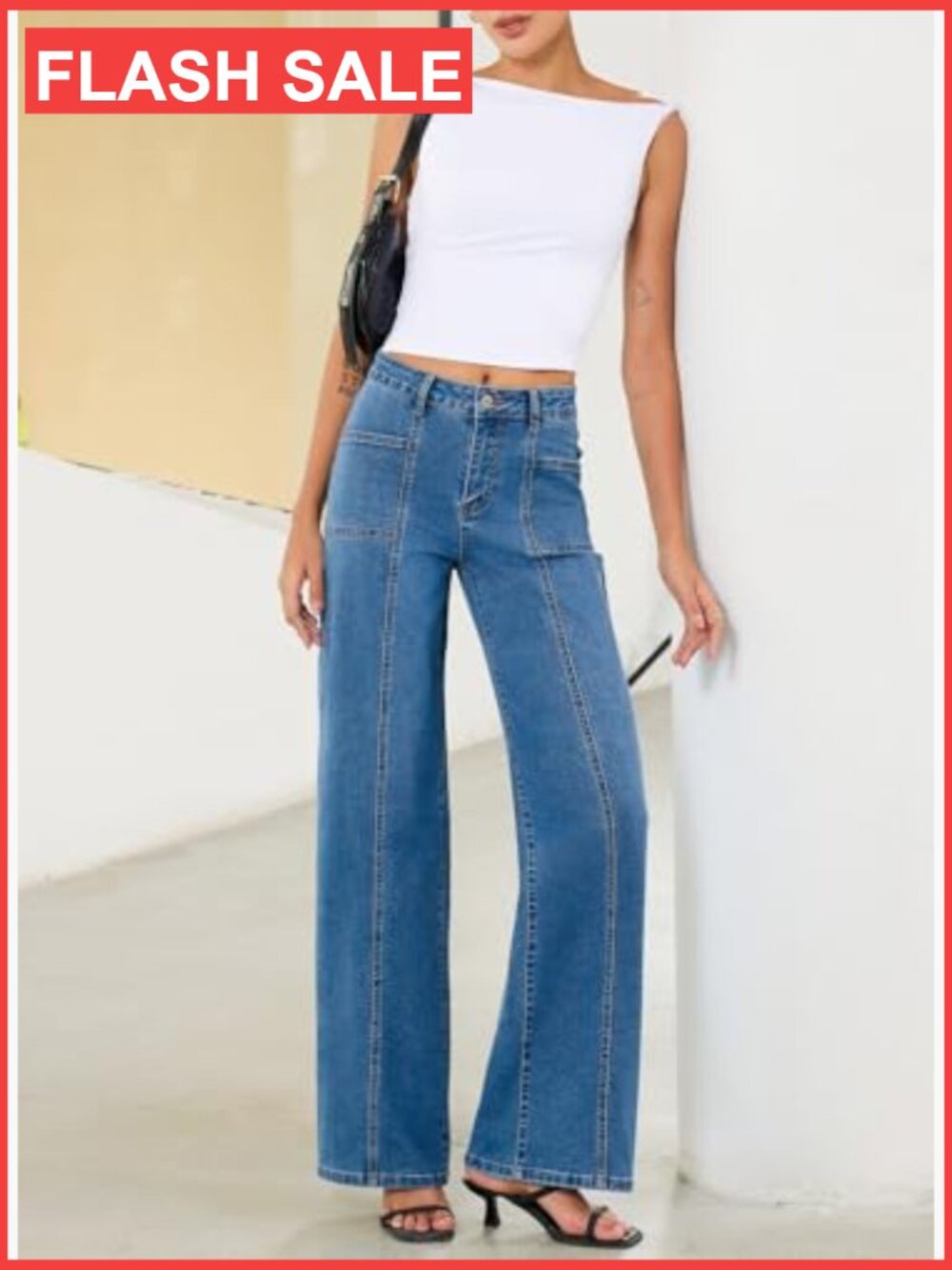 High Waisted Wide Leg Jeans Stretchy Baggy Denim Pants - Picture 4 of 7